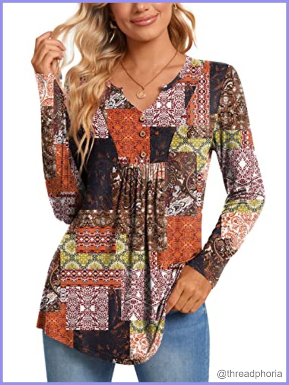 Womens Long Sleeve Tunic Top V-Neck Button Down Flowy Blouse